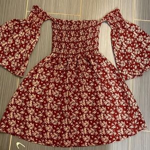 Maroon floral off the shoulder dress short